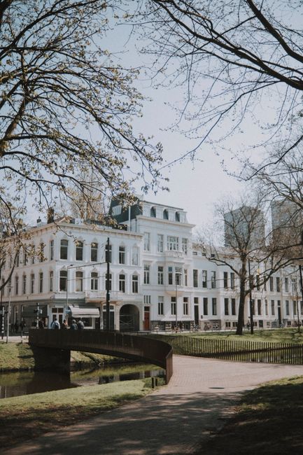 A street scene in Holland Park featuring a row of large, white Victorian-style residential buildings with ornate window frames and balconies. The buildings are situated along a paved pathway that crosses a small wooden footbridge over a narrow canal or water feature. Tall, leafless trees with sparse branches shade the area, and a few pedestrians are visible walking nearby. The sky is clear with bright lighting, highlighting the clean surfaces of the buildings and the well-maintained greenery surrounding the pathway. This scene exemplifies the tidy and hygienic appearance associated with professional domestic cleaning services such as those provided by Holland Park Carpet Cleaning, emphasizing the importance of surface cleanliness and maintenance in urban residential areas.