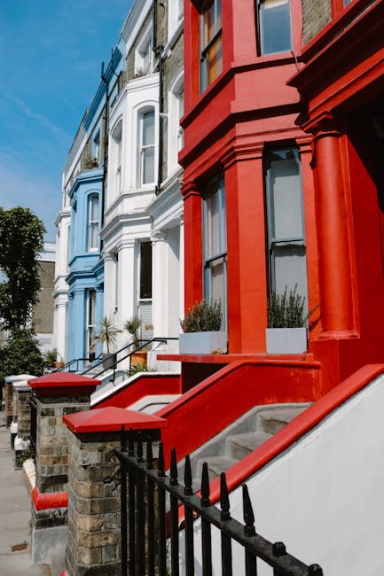 A quiet residential street in Notting Hill Gate with white and brick-fronted terraced houses, each featuring large windows and small front gardens filled with potted plants and trimmed trees, illuminated by natural daylight under a clear blue sky, demonstrating well-maintained exteriors suitable for surface cleaning and maintenance by Holland Park Carpet Cleaning, a company specializing in deep cleaning and sanitisation for W8 properties.